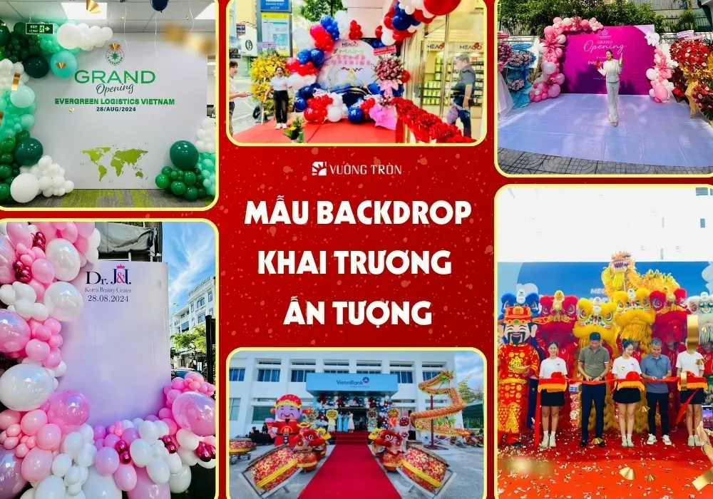 Mẫu thiết kế backdrop khai trương với bóng bay và hoa tươi sang trọng