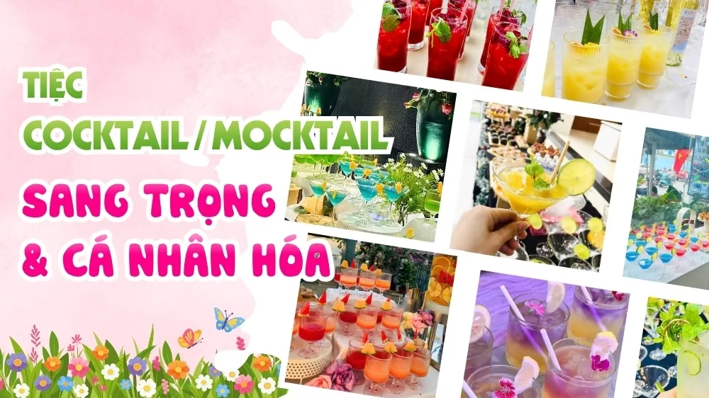 Quầy thức uống mocktail màu sắc thương hiệu kết hợp finger food trong tiệc đứng văn phòng