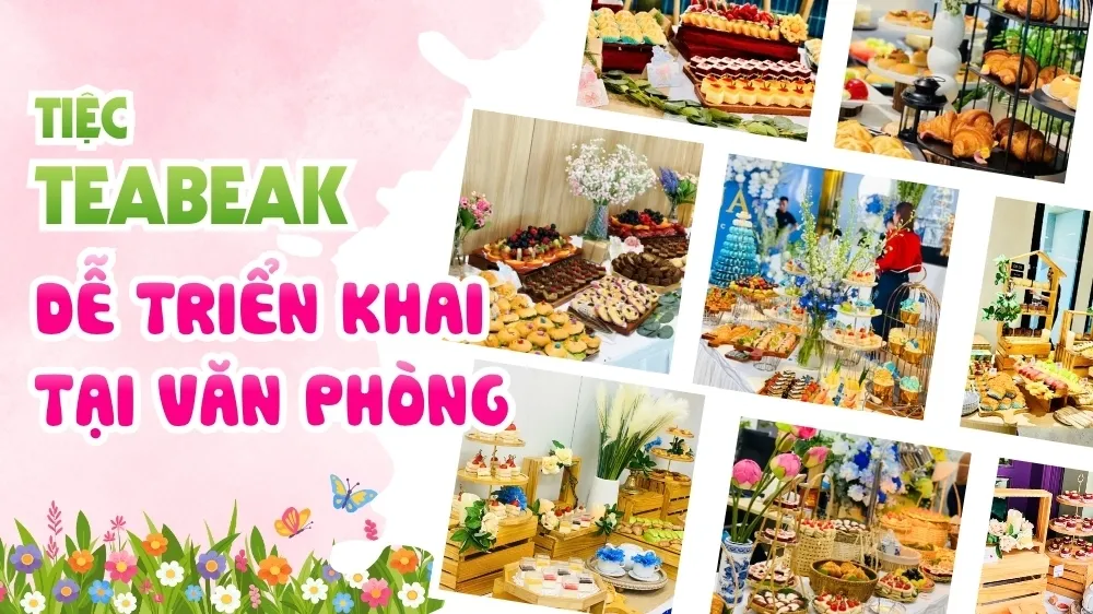 Bàn tiệc teabreak 20/10 nhẹ nhàng tinh tế với bánh ngọt mini và trái cây tươi tại văn phòng