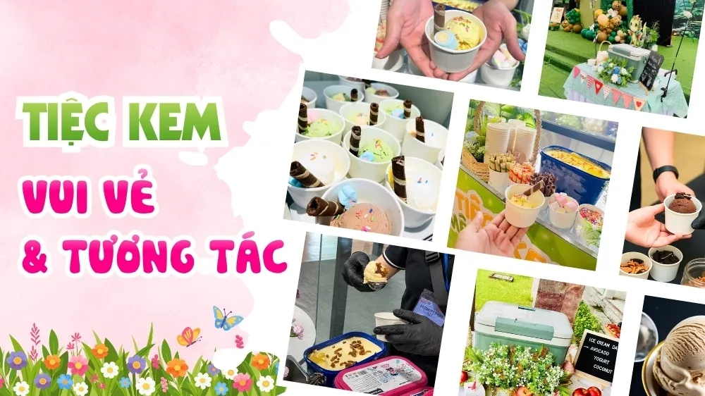 Quầy tiệc kem văn phòng với nhiều vị kem và topping bắt mắt tăng tương tác nội bộ ngày 20/10