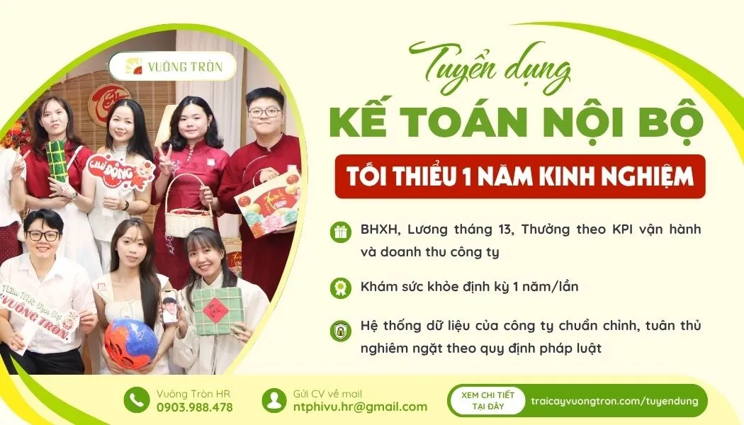 Tuyển dụng nhân viên kế toán nội bộ năm 2026 tại Trái Cây Vuông Tròn quận Tân Bình