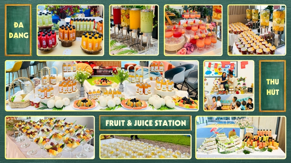 Quầy Fruit Juice Station giải nhiệt cho sự kiện trường học, workshop giáo dục