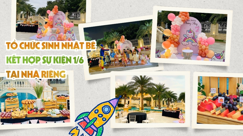 Không gian tổ chức tiệc sự kiện Quốc tế Thiếu nhi 1/6 kết hợp sinh nhật tại nhà riêng với backdrop Unicorn rực rỡ, bàn tiệc sang trọng và chú hề vui nhộn cho các bé