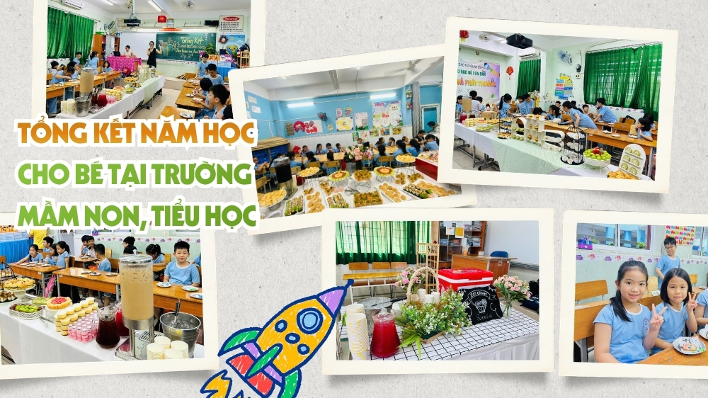 Bàn tiệc teabreak an toàn, bắt mắt với bánh ngọt và nước trái cây được Vuông Tròn setup cho lễ tổng kết, gợi ý hoàn hảo cho tiệc sự kiện Quốc tế Thiếu nhi 1/6 tại trường học