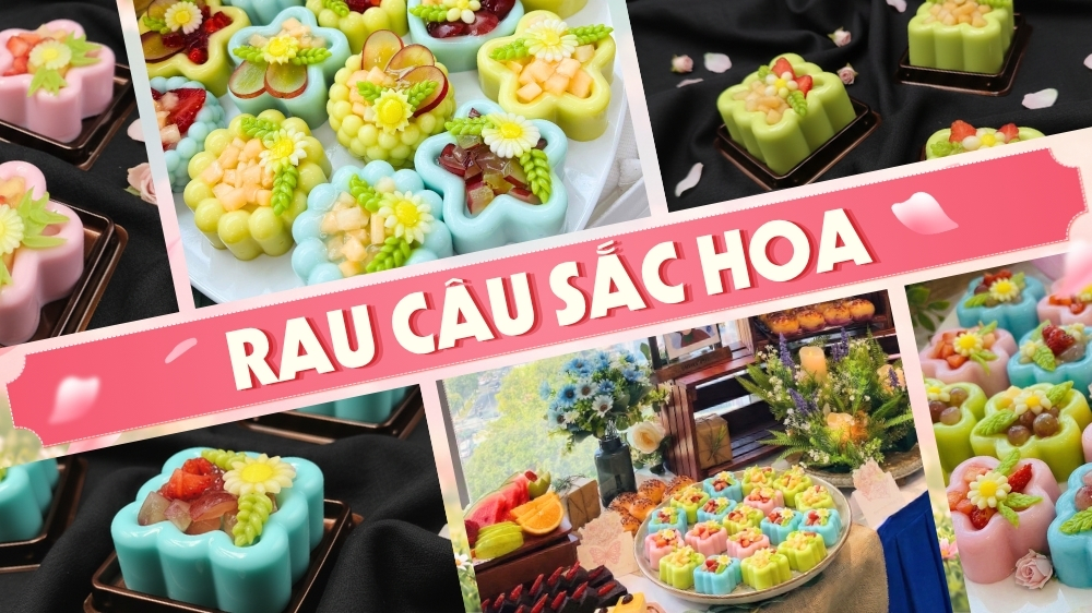 Rau câu Sắc Hoa tạo hình bông hoa với nhân trái cây tươi bên trong, thích hợp trang trí bàn tiệc teabreak 20/10