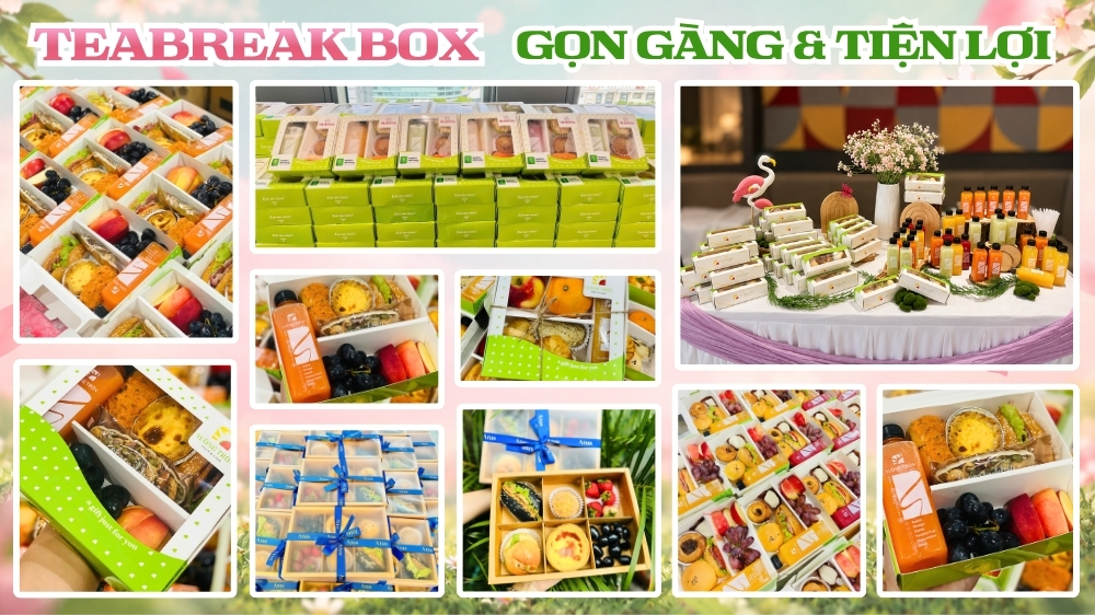 Hộp teabreak 20/10 gồm bánh mini, trái cây và nước uống được đóng gói gọn gàng cho nhân viên văn phòng