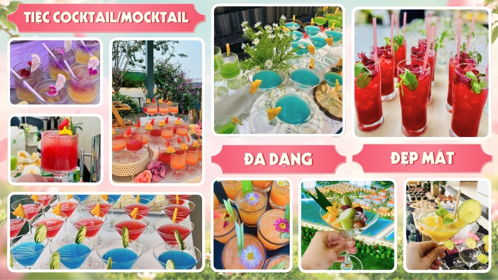 Quầy cocktail mocktail với các loại đồ uống nhiều màu sắc phục vụ tiệc 20/10 tại văn phòng