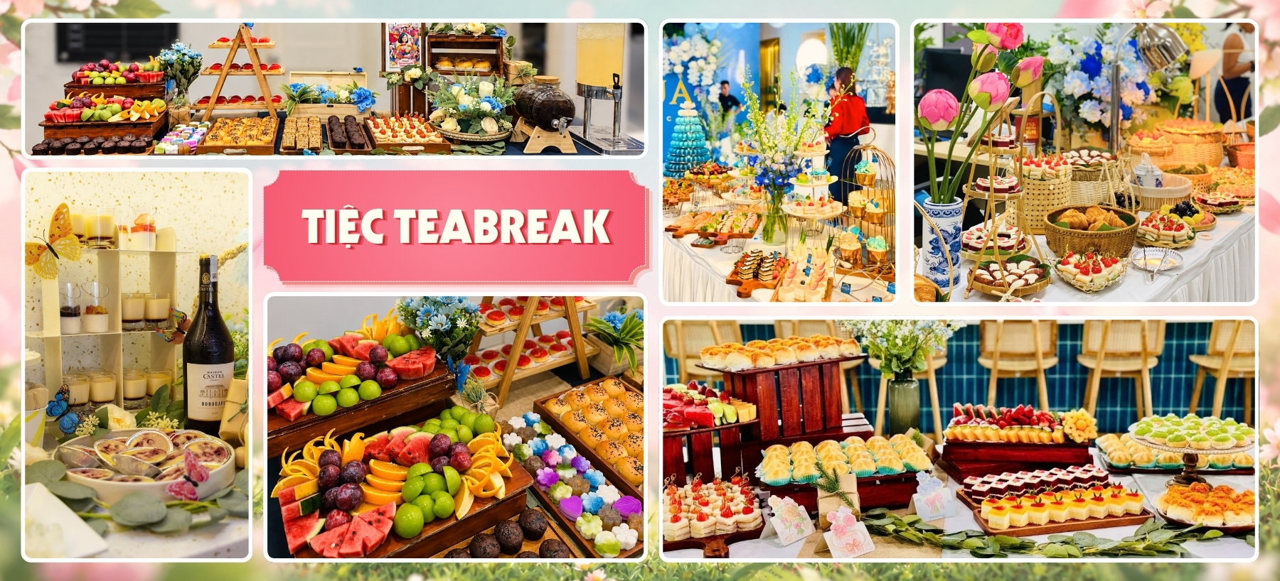 Bàn tiệc teabreak 20/10 văn phòng với bánh ngọt mini, bánh mặn, trái cây tươi đẹp mắt