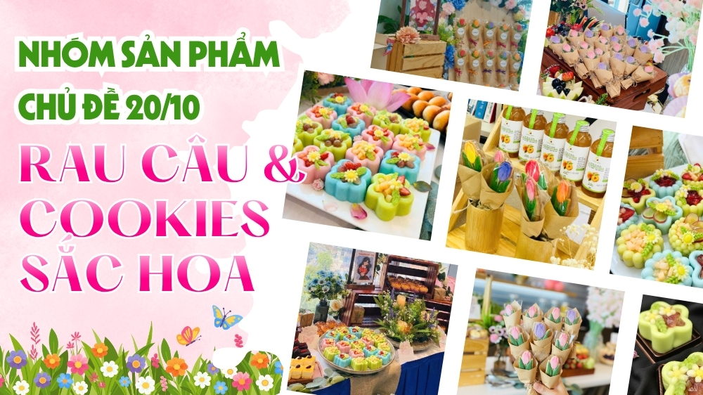 Dessert chủ đề 20/10 dành cho tiệc văn phòng với cookies hoa và bánh mini trang trí đẹp mắt