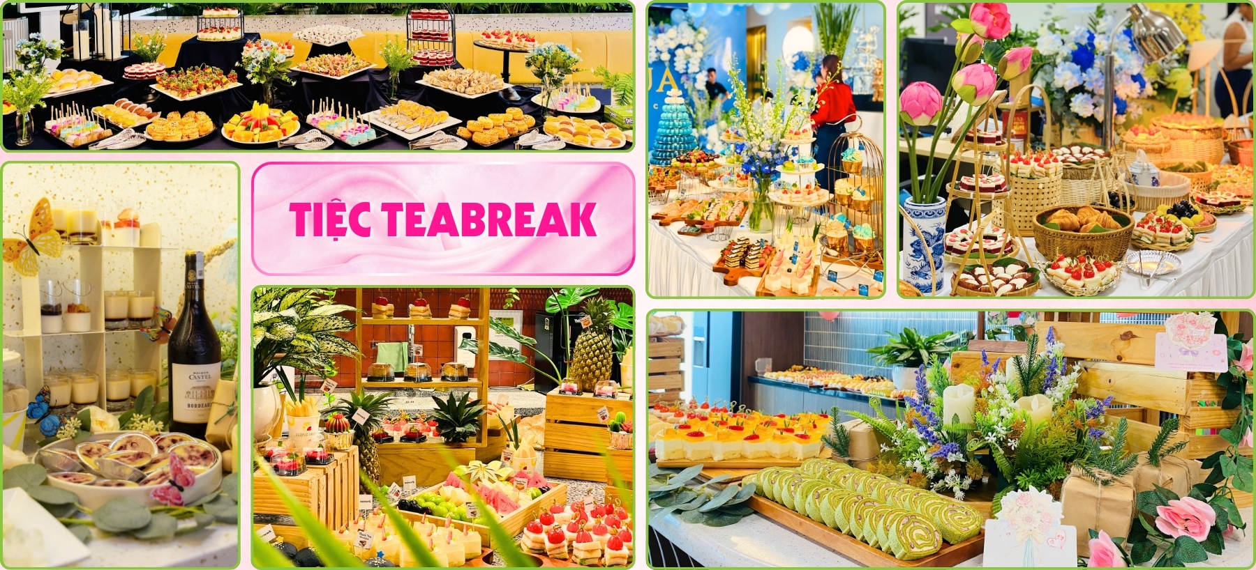 Bàn tiệc teabreak 20/10 văn phòng với bánh ngọt trái cây và nước uống thanh mát