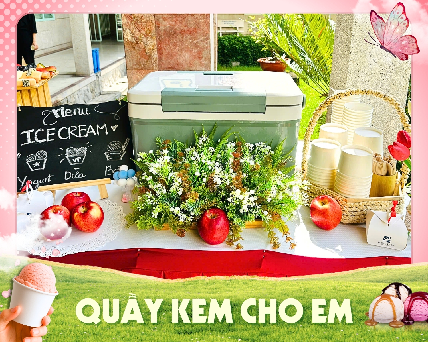 Khi đặt dịch vụ tiệc teabreak cho sự kiện 8.3 & 20.10 tại Vuông Tròn, khách hàng đã có thể lựa chọn đặt kèm quầy kem hoặc xe kem sự kiện