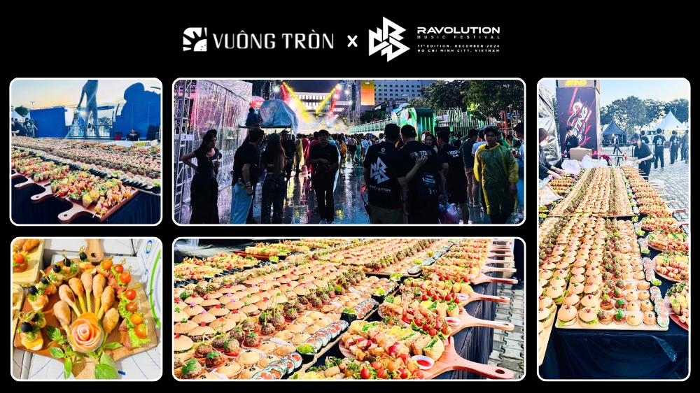 Bàn tiệc catering được setup tối ưu hóa theo nhu cầu khách hàng tại khu vực backstage của tiệc sự kiện âm nhạc