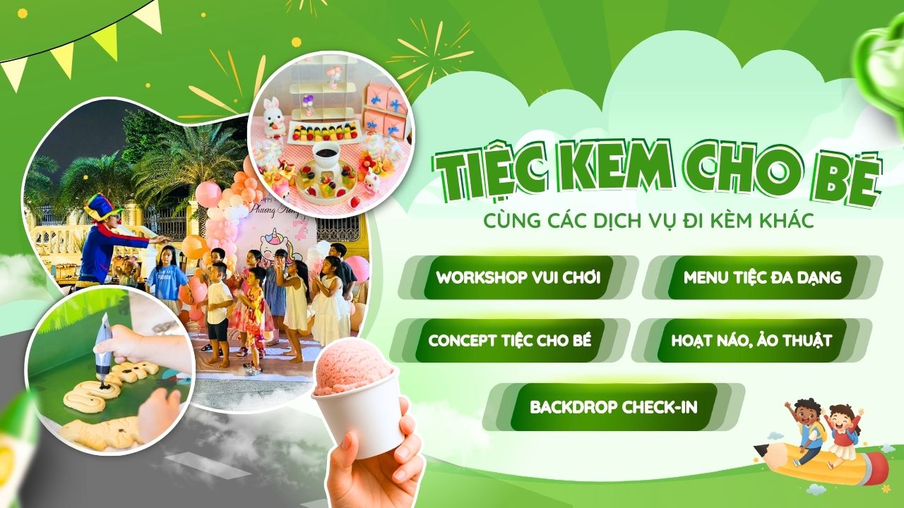 Sự kiện cho trẻ em tại nhà & trường học: Vuông Tròn có nhân viên hỗ trợ múc kem theo yêu cầu, kết hợp với dịch vụ trang trí backdrop, decor bàn tiệc theo màu sắc thương hiệu, concept bé yêu thích (Capybara, Stich, Doremon,...). Bạn có thể thuê xe kem sự kiện cho các dịp: Sinh nhật cho bé, tại nhà, chung cư, nhà hàng Liên hoan lớp học, lễ tổng kết năm học,...
